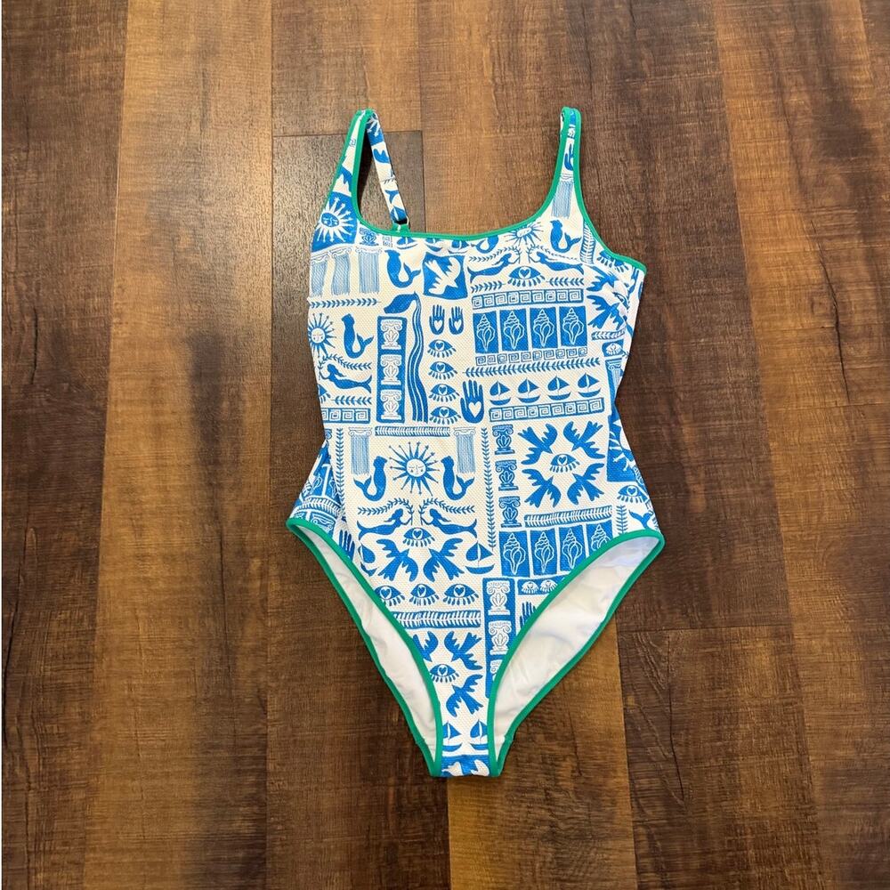 Johnny Was California Blue White Greek Tile Print One Piece Swimsuit Size Large